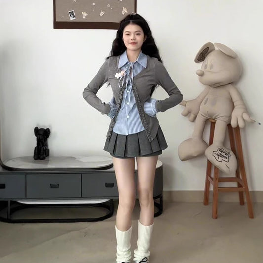 College Style Fake Two-piece Knitted Sweaters Women