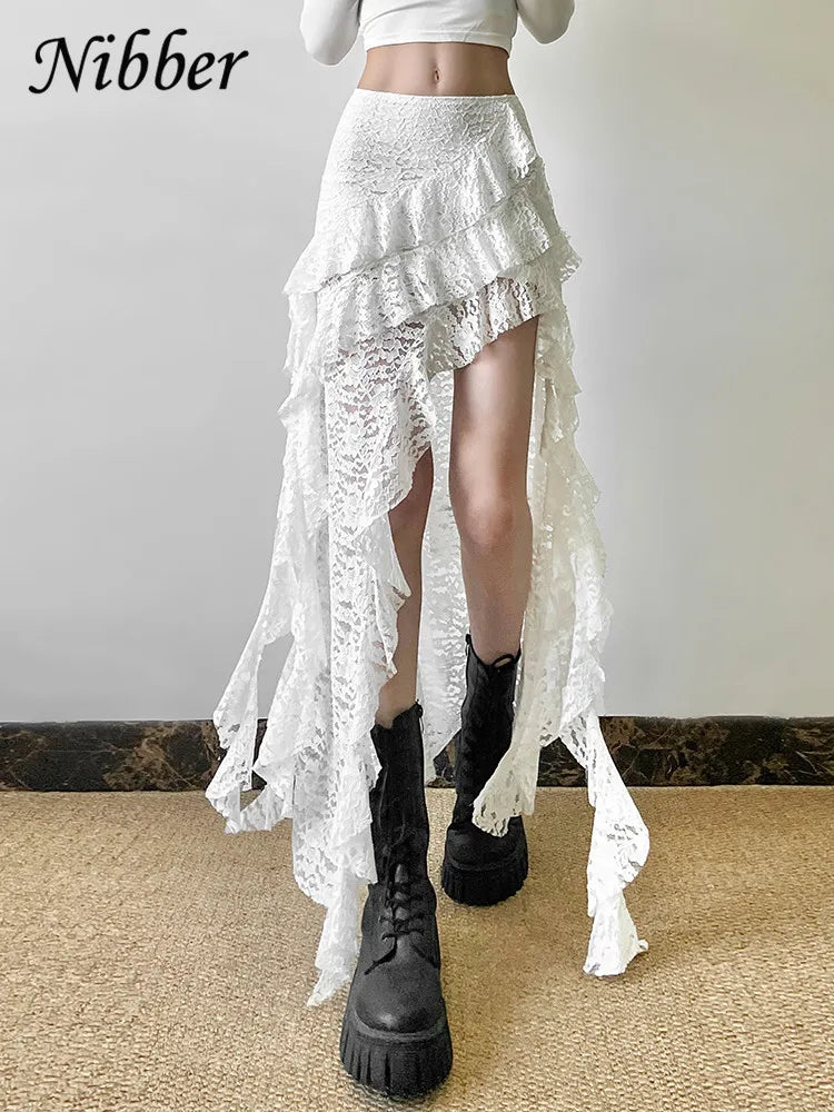 Nibber Tassels Women Skirts Irregular Hem Multi-Layered Ruffles Lace Patchwork Sweet Summer Trend Daily Skinny Versatile Bottoms