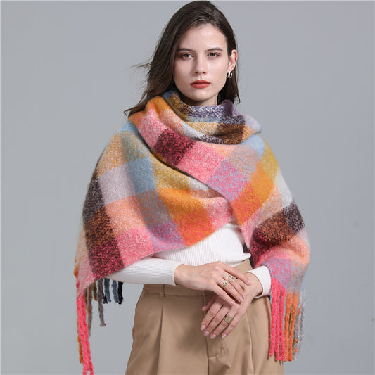 Scarf Plaid European And American Plus Long Fringe Bib Fashion Striped Color Matching Winter Scarf Shawl Thick Beard