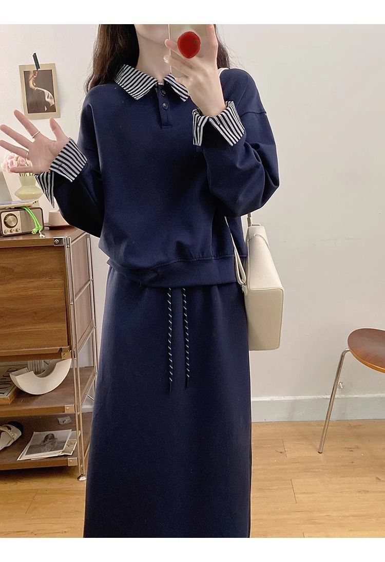 Large Size Gray False Two-piece Sweaters Skirt Two-piece Set For Women