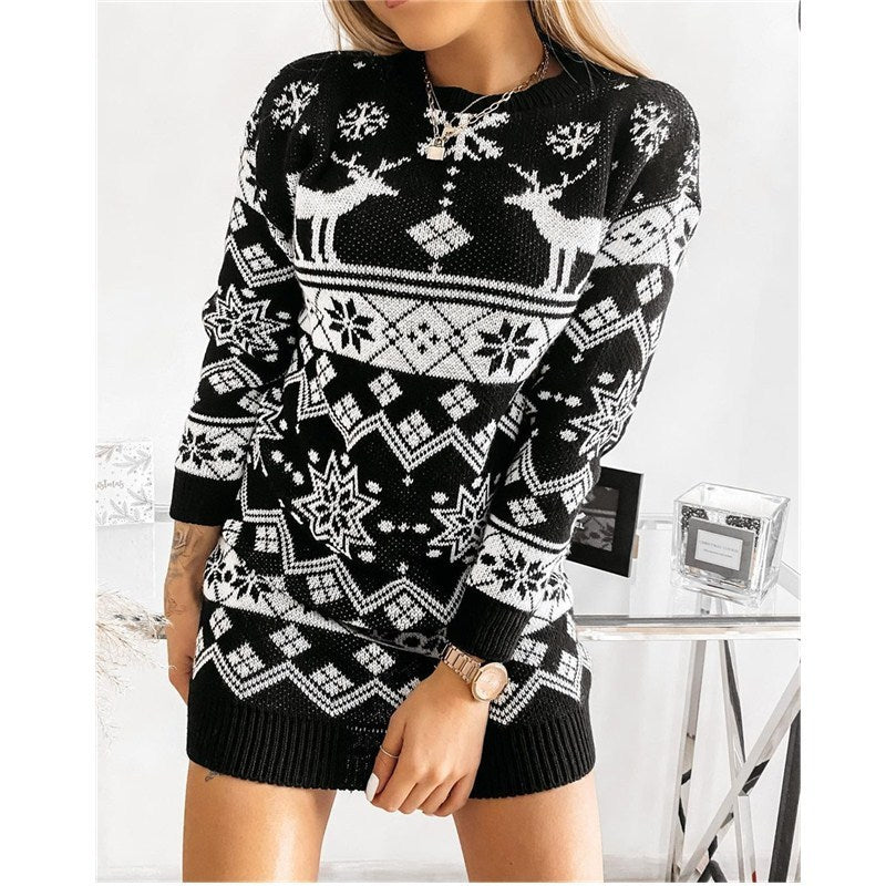 Elk Snowflake Christmas Knit Dress