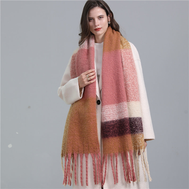 Scarf Plaid European And American Plus Long Fringe Bib Fashion Striped Color Matching Winter Scarf Shawl Thick Beard
