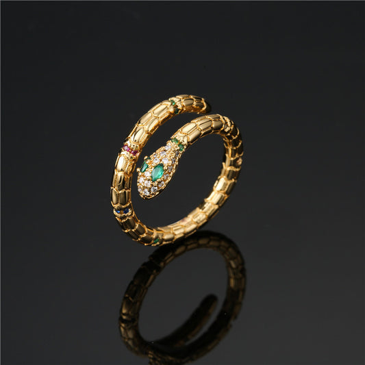 Gold Adjustable Snake Ring with Zircon