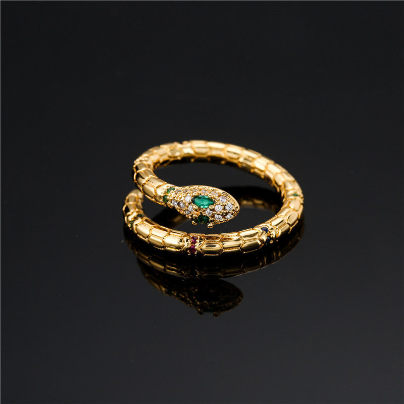 Gold Adjustable Snake Ring with Zircon