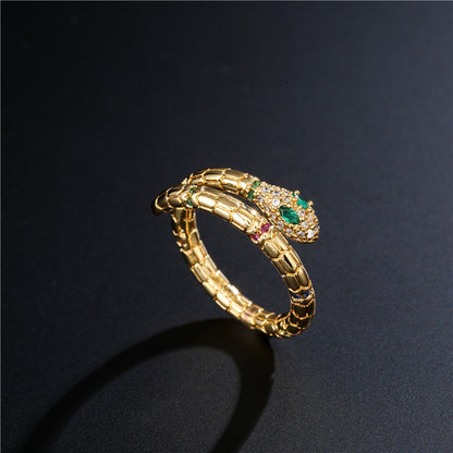 Gold Adjustable Snake Ring with Zircon