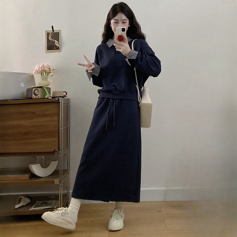 Large Size Gray False Two-piece Sweaters Skirt Two-piece Set For Women