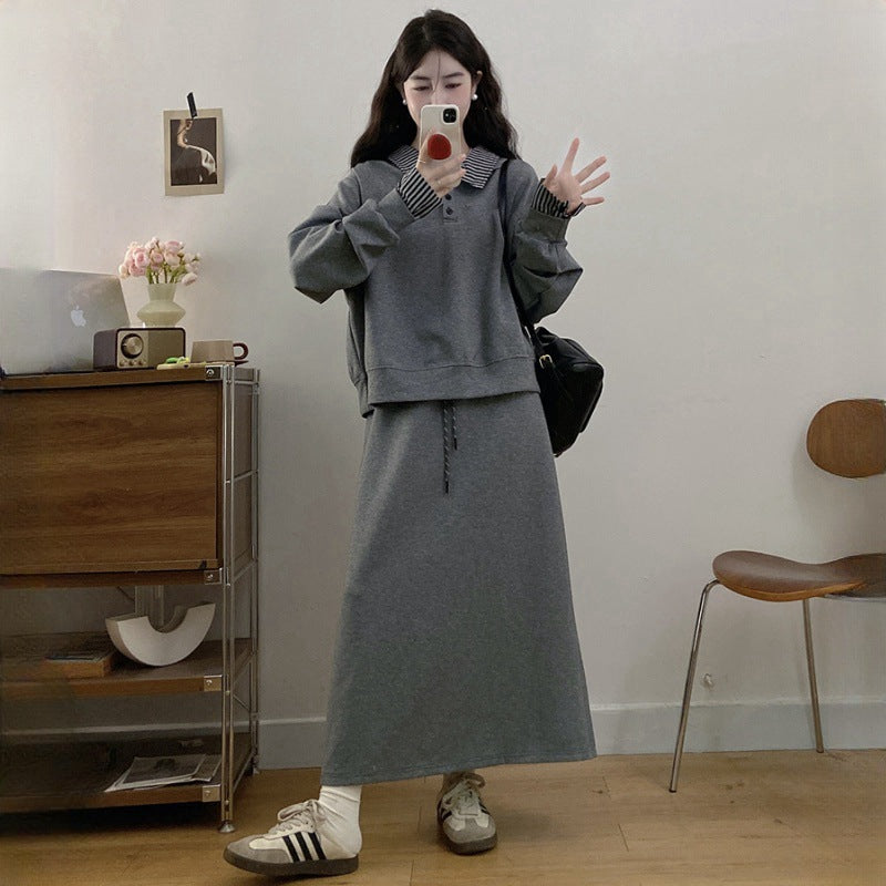 Large Size Gray False Two-piece Sweaters Skirt Two-piece Set For Women