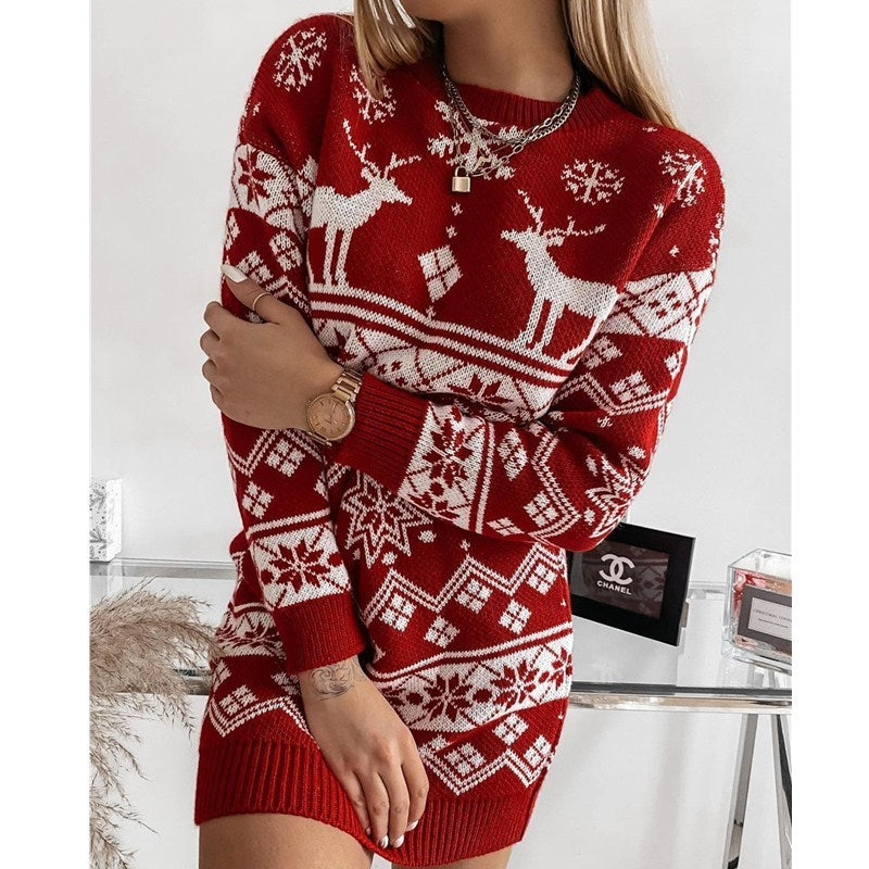 Elk Snowflake Christmas Knit Dress