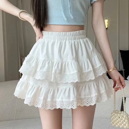 Mini Skirt Cute Sexy Balletcore Elastic High Waist Ball Gown Ruffle Patchwork Lolita Skirt Short Korean Sweet Y2K Women Clothing