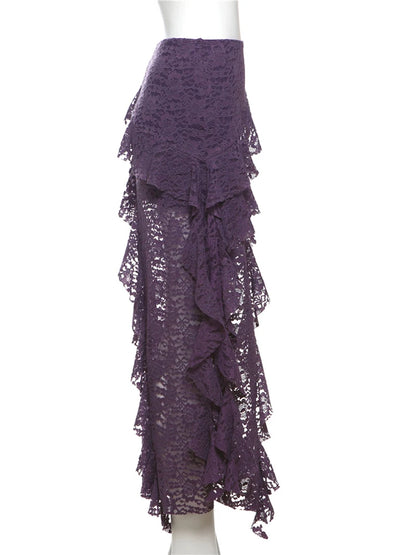 Nibber Tassels Women Skirts Irregular Hem Multi-Layered Ruffles Lace Patchwork Sweet Summer Trend Daily Skinny Versatile Bottoms