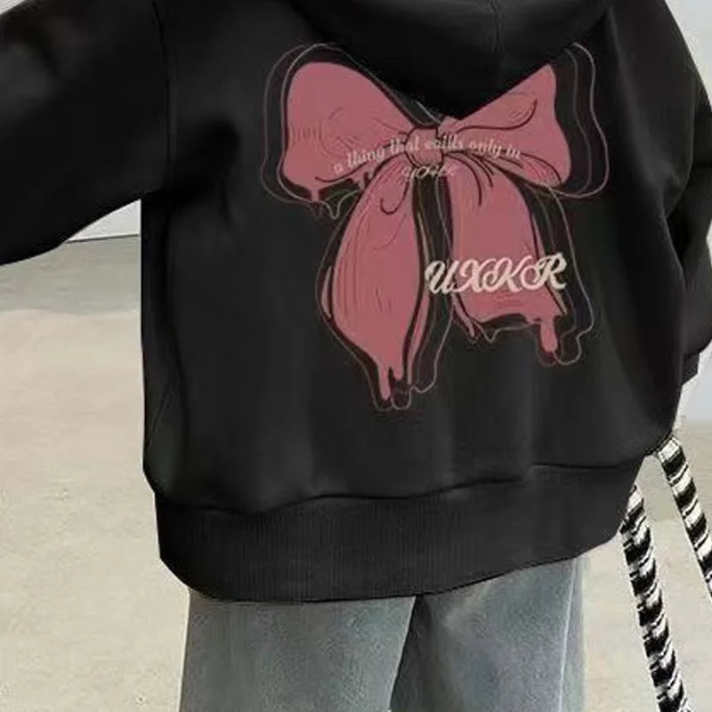 Girls Hooded Spring Jackets New Children Bow Print Coat 2025 Kids Autumn Fashion Outerwear Teenager Long-sleeved Hoodies Clothes