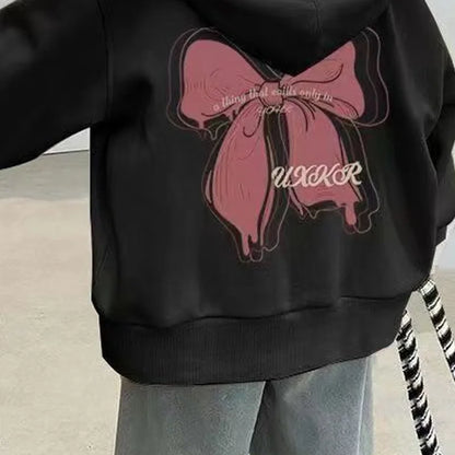 Girls Hooded Spring Jackets New Children Bow Print Coat 2025 Kids Autumn Fashion Outerwear Teenager Long-sleeved Hoodies Clothes