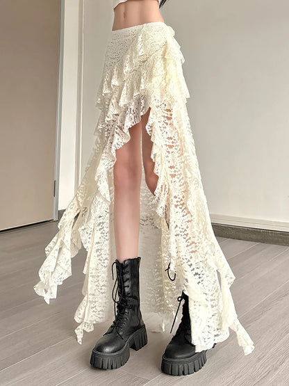 Nibber Tassels Women Skirts Irregular Hem Multi-Layered Ruffles Lace Patchwork Sweet Summer Trend Daily Skinny Versatile Bottoms