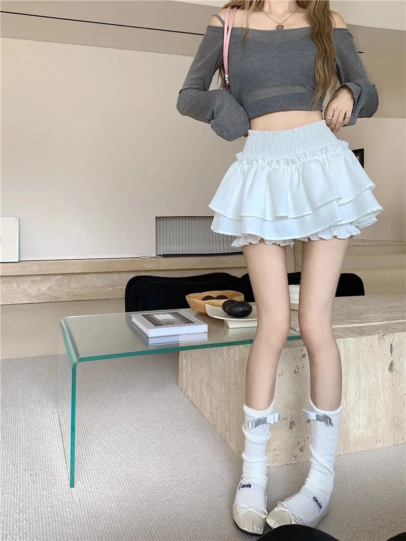 Mini Skirt Cute Sexy Balletcore Elastic High Waist Ball Gown Ruffle Patchwork Lolita Skirt Short Korean Sweet Y2K Women Clothing