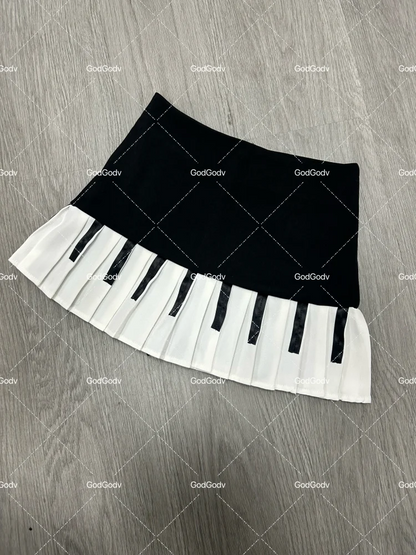 Spring Black White Spliced Women Short Skirt 2025 Y2k Slim Design Harajuku Mini Skirt Female Empire Korea Style Chic Piano Skirt