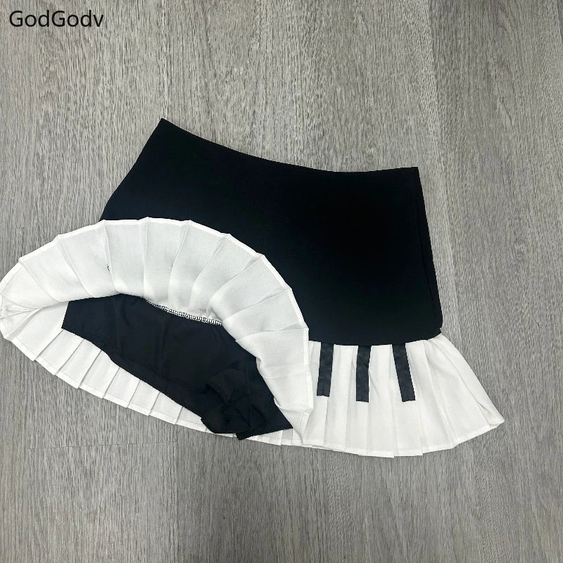 Spring Black White Spliced Women Short Skirt 2025 Y2k Slim Design Harajuku Mini Skirt Female Empire Korea Style Chic Piano Skirt
