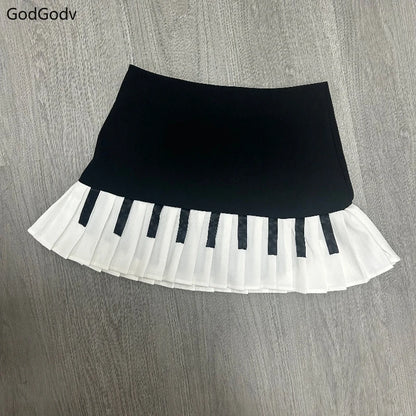 Spring Black White Spliced Women Short Skirt 2025 Y2k Slim Design Harajuku Mini Skirt Female Empire Korea Style Chic Piano Skirt