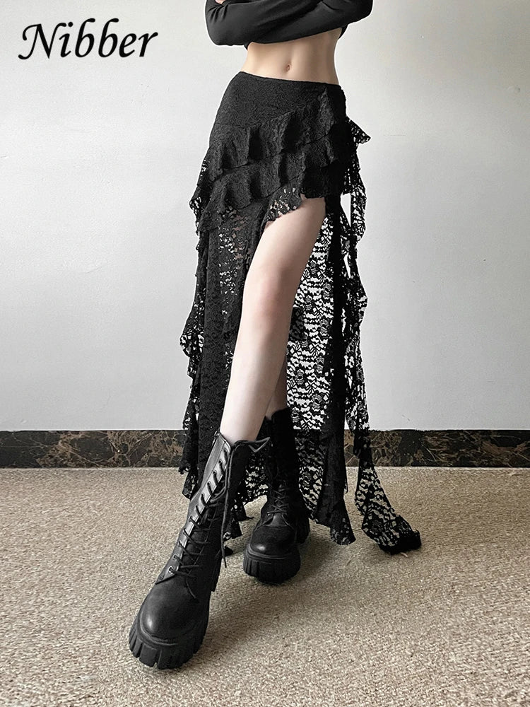 Nibber Tassels Women Skirts Irregular Hem Multi-Layered Ruffles Lace Patchwork Sweet Summer Trend Daily Skinny Versatile Bottoms