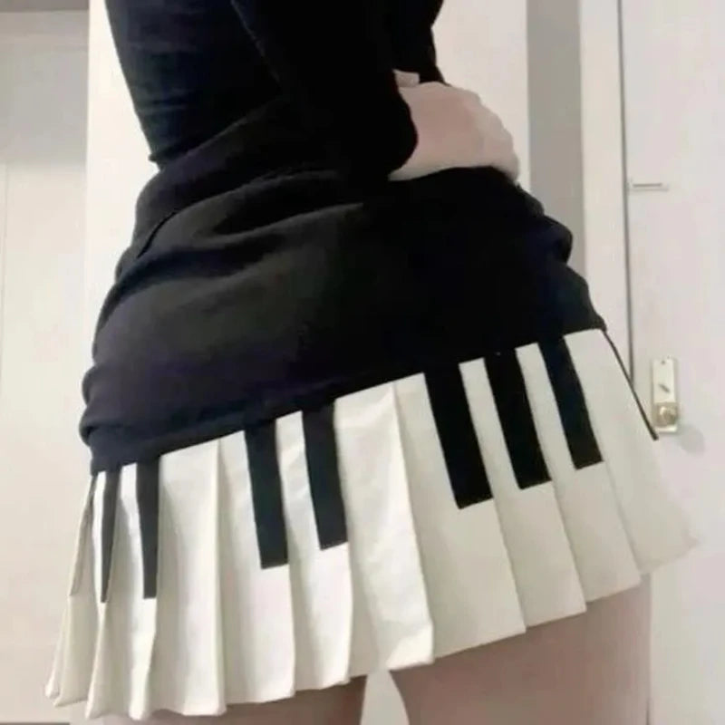Spring Black White Spliced Women Short Skirt 2025 Y2k Slim Design Harajuku Mini Skirt Female Empire Korea Style Chic Piano Skirt