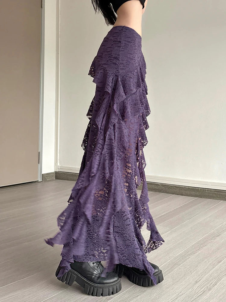 Nibber Tassels Women Skirts Irregular Hem Multi-Layered Ruffles Lace Patchwork Sweet Summer Trend Daily Skinny Versatile Bottoms