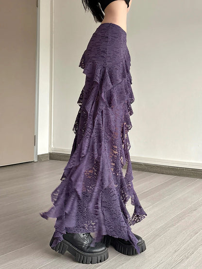 Nibber Tassels Women Skirts Irregular Hem Multi-Layered Ruffles Lace Patchwork Sweet Summer Trend Daily Skinny Versatile Bottoms