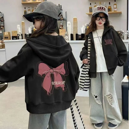 Girls Hooded Spring Jackets New Children Bow Print Coat 2025 Kids Autumn Fashion Outerwear Teenager Long-sleeved Hoodies Clothes