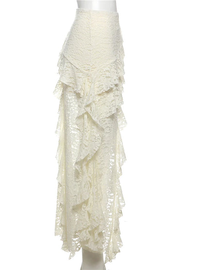 Nibber Tassels Women Skirts Irregular Hem Multi-Layered Ruffles Lace Patchwork Sweet Summer Trend Daily Skinny Versatile Bottoms