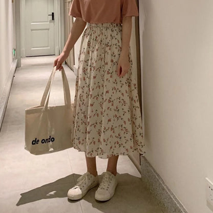 Vintage Floral Print A-line Pleated Long Skirts Summer Women Korean Skirt Streetwear Drawstring Elastic Waist Midi Skirt