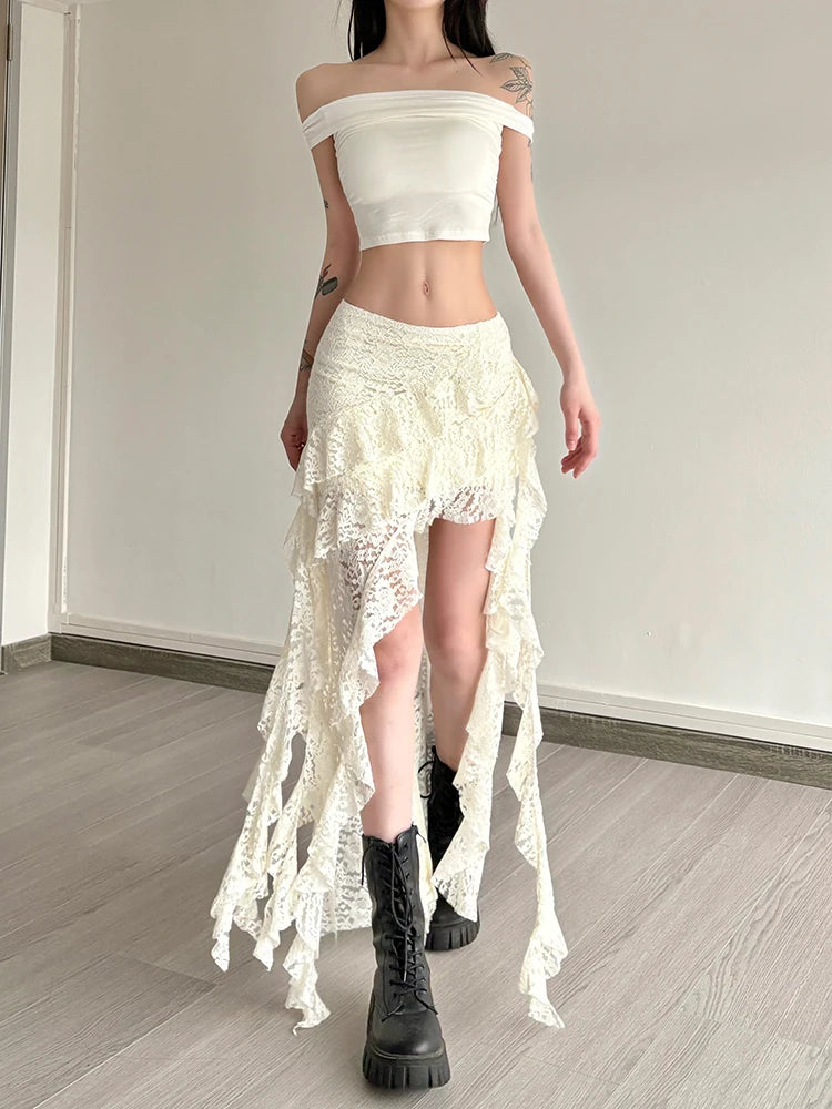 Nibber Tassels Women Skirts Irregular Hem Multi-Layered Ruffles Lace Patchwork Sweet Summer Trend Daily Skinny Versatile Bottoms