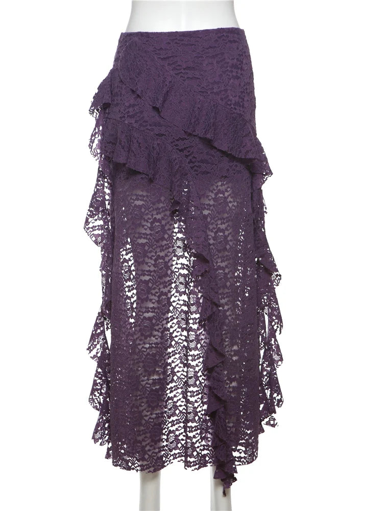 Nibber Tassels Women Skirts Irregular Hem Multi-Layered Ruffles Lace Patchwork Sweet Summer Trend Daily Skinny Versatile Bottoms