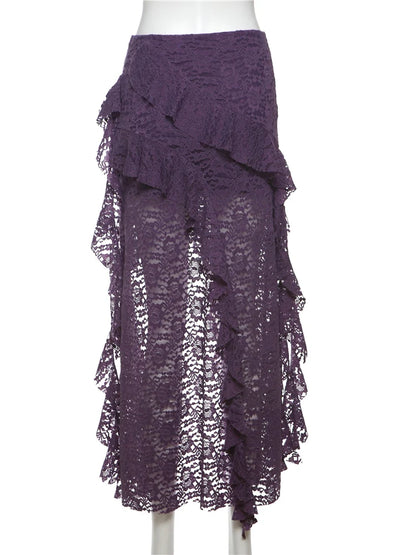 Nibber Tassels Women Skirts Irregular Hem Multi-Layered Ruffles Lace Patchwork Sweet Summer Trend Daily Skinny Versatile Bottoms