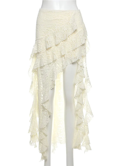 Nibber Tassels Women Skirts Irregular Hem Multi-Layered Ruffles Lace Patchwork Sweet Summer Trend Daily Skinny Versatile Bottoms