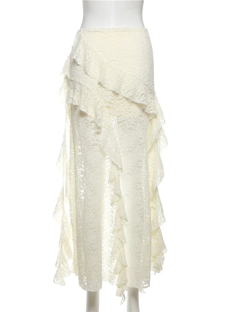 Nibber Tassels Women Skirts Irregular Hem Multi-Layered Ruffles Lace Patchwork Sweet Summer Trend Daily Skinny Versatile Bottoms