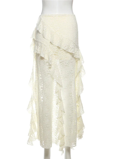 Nibber Tassels Women Skirts Irregular Hem Multi-Layered Ruffles Lace Patchwork Sweet Summer Trend Daily Skinny Versatile Bottoms