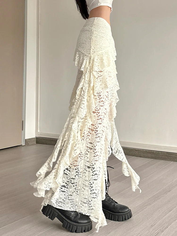 Nibber Tassels Women Skirts Irregular Hem Multi-Layered Ruffles Lace Patchwork Sweet Summer Trend Daily Skinny Versatile Bottoms