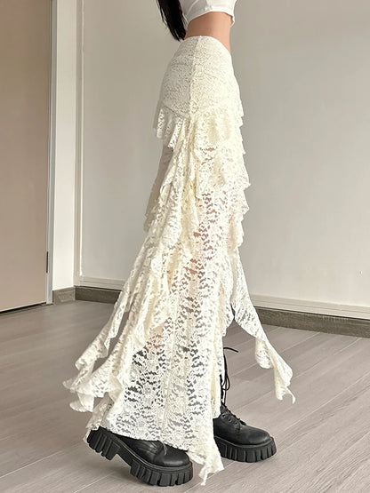 Nibber Tassels Women Skirts Irregular Hem Multi-Layered Ruffles Lace Patchwork Sweet Summer Trend Daily Skinny Versatile Bottoms