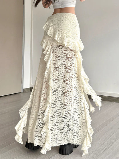 Nibber Tassels Women Skirts Irregular Hem Multi-Layered Ruffles Lace Patchwork Sweet Summer Trend Daily Skinny Versatile Bottoms