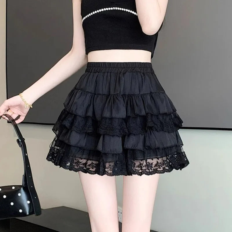 Elastic Gothic Lace Tutu Skirt Women Black Mesh Detail Petticoat Sexy Mini Tulle Skirts Party Club Wear Dancer