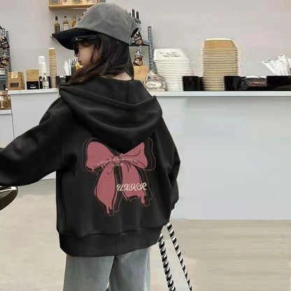Girls Hooded Spring Jackets New Children Bow Print Coat 2025 Kids Autumn Fashion Outerwear Teenager Long-sleeved Hoodies Clothes