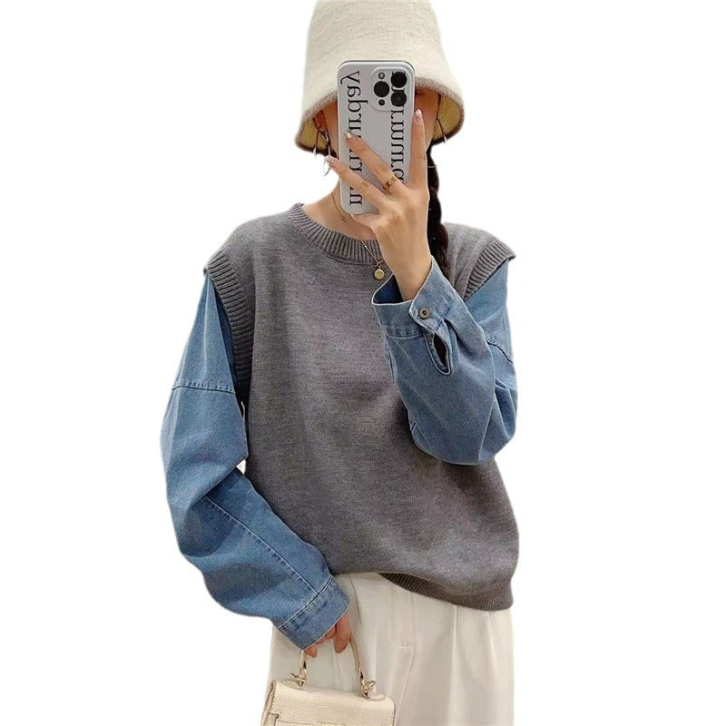 Denim Sleeve Stitching Fake Two Pieces Sweaters Women