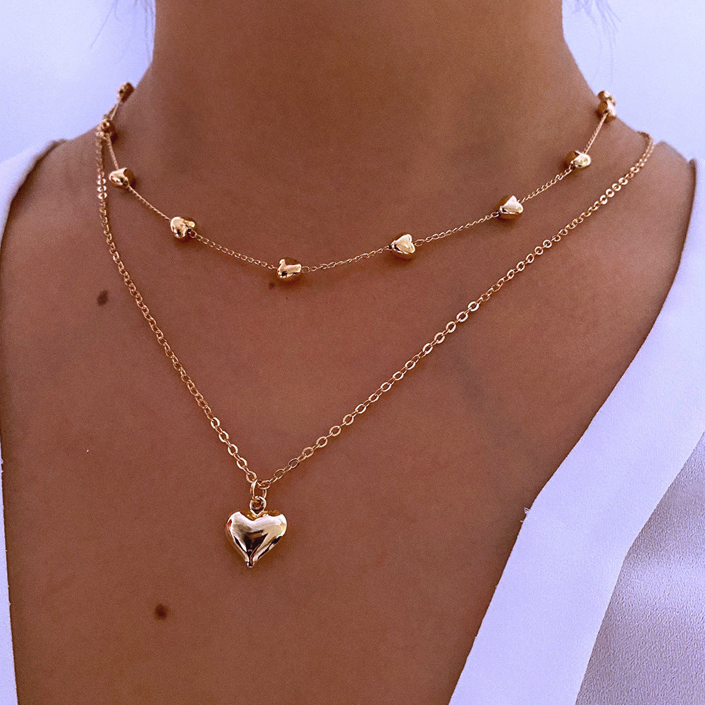 Double-Layer Gold Heart Pendant Necklace