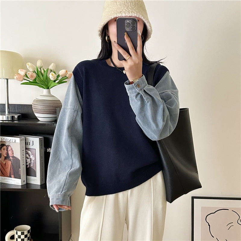 Denim Sleeve Stitching Fake Two Pieces Sweaters Women