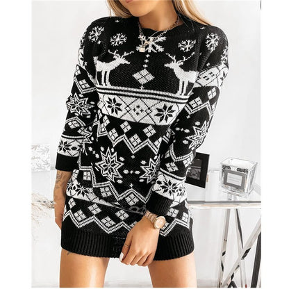 Elk Snowflake Christmas Knit Dress